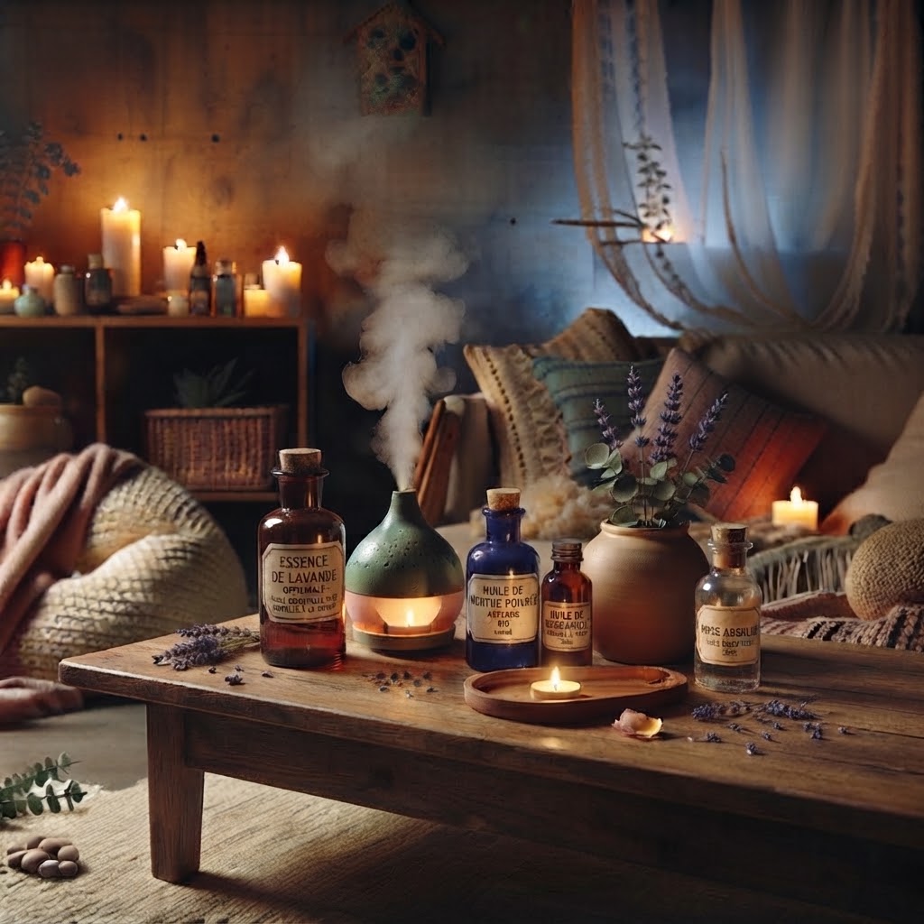 Image cocooning d'un salon avec des bougies allumées et un diffuseur d'huile essentielle ainsi que des flacons sur la table basse