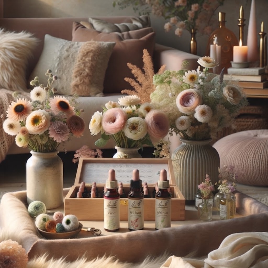 Image cocooning d'un salon avec des flacons de fleurs de Bach et des bouquets de fleurs pastelles à l'arrière sur la table basse