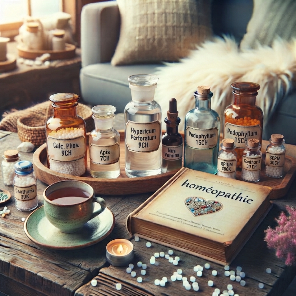 Image cocooning d'un salon avec des flacons et un livre d'homéopathie posés sur une table basse
